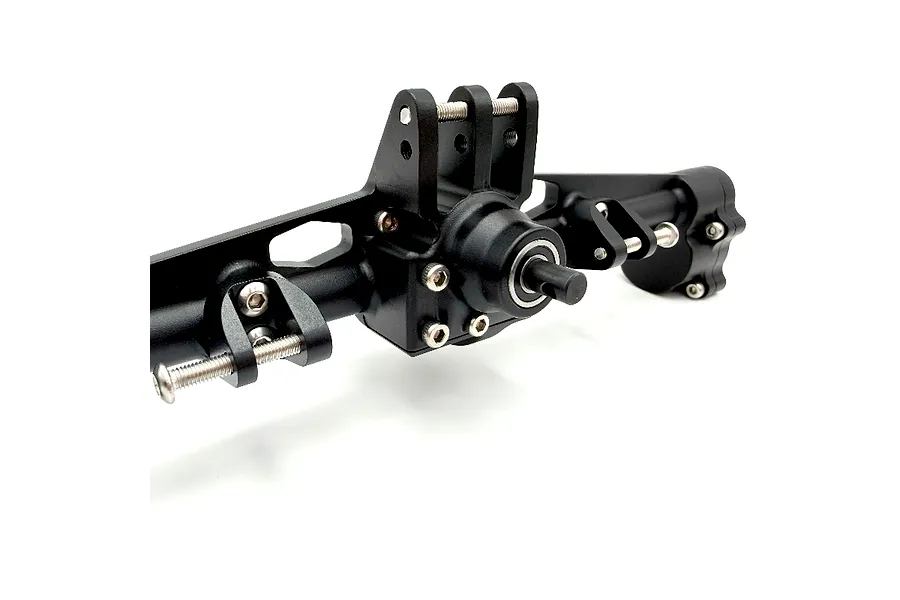 Close-up studio shot of a black aluminium RC rear portal axle set on a clean white background.