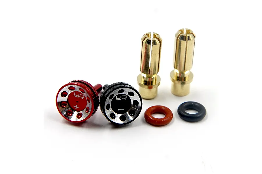Yeah Racing Aluminium Adjustable Bullet Plug Grips with gold connectors and O-rings on white background