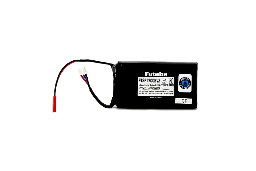 Futaba 6.6V 1700mAh LiFe transmitter battery pack with black soft case and connected wires on a white background.