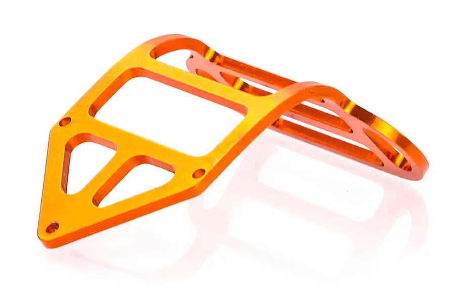 An orange anodized aluminium RC car bumper part with a skeletal, cut-out design, shown against a white background.