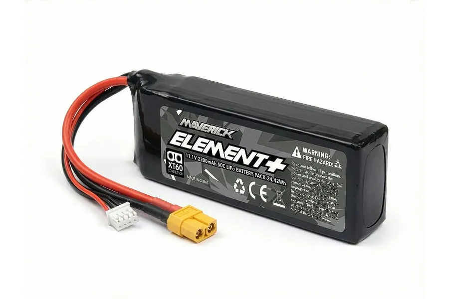 Maverick Element+ 11.1V 2200mAh 3S soft case LiPo battery with XT60 connector and balance plug on a white background.