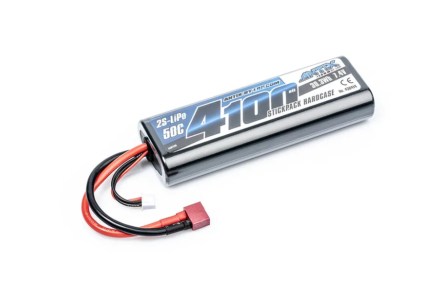 LRP Antix 7.4V 4100mAh 50C 2S Hard Case LiPo Battery with Deans style connector and balance plug on a white background.