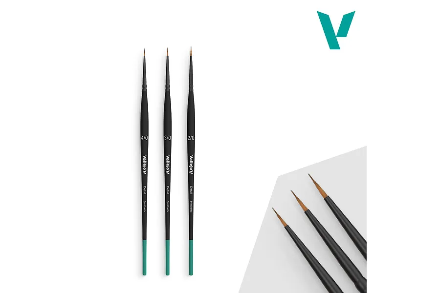 Vallejo Definition Brush Set featuring three detail synthetic paint brushes labeled 4/0, 3/0, and 2/0 against a white background.