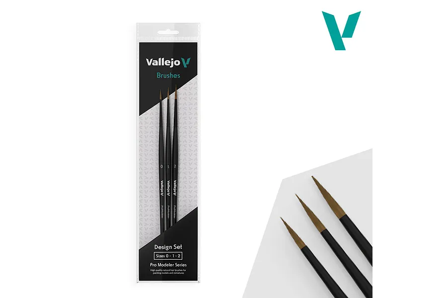 Vallejo Pro Modeller Detail Design Brush Set in packaging, featuring three natural hair brushes in sizes 0, 1, and 2.