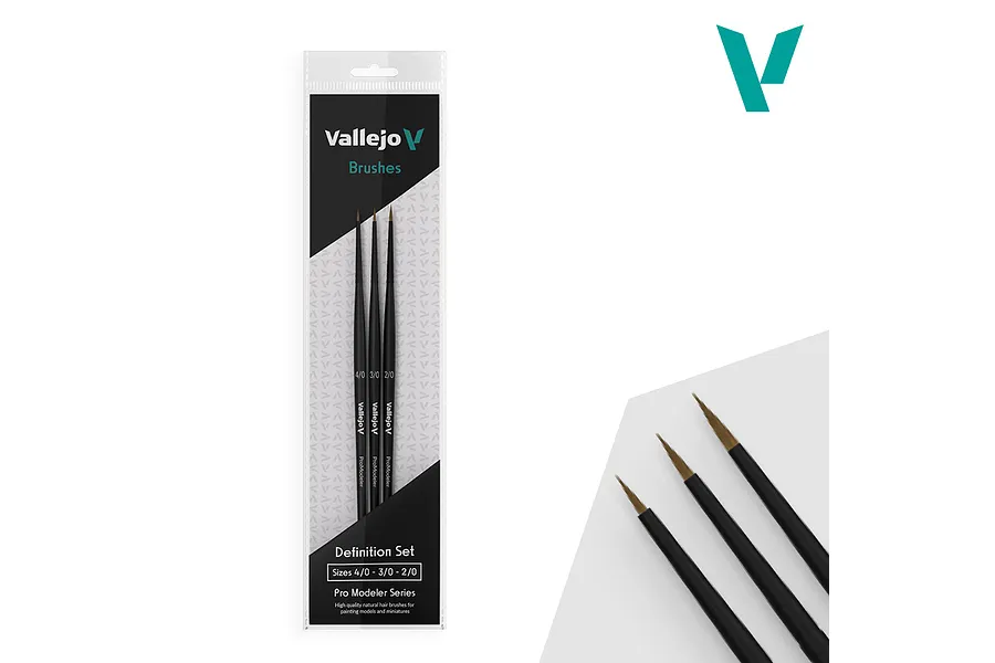 Vallejo Pro Modeller Definition Brush Set in retail packaging showing three fine-tipped natural hair brushes.