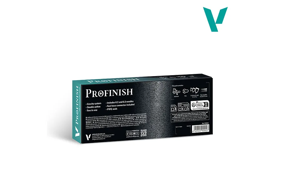 Back of the Vallejo Profinish airbrush packaging box showing product features, contents icons, and barcode.