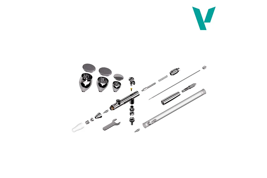 An exploded diagram showing all disassembled parts, components, and tools of the Vallejo Profinish airbrush kit against a white background.