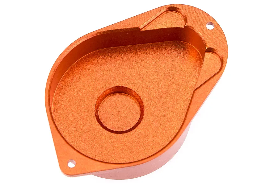 An orange anodized aluminium gear cover for an RC car, shown from the interior side against a white background.