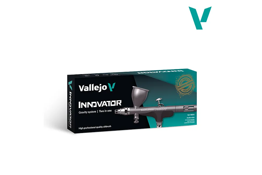 Vallejo Innovator Gravity System 2-in-1 precision airbrush product box in teal and black.