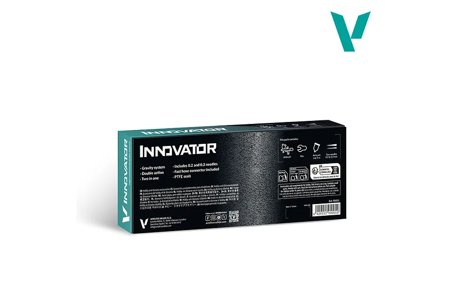 Vallejo Innovator 2-in-1 precision airbrush product packaging box showing features and contents list on a white background.