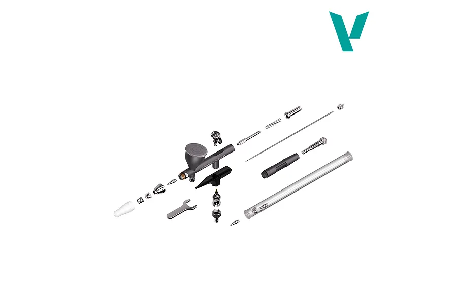 An exploded diagram showing all parts and components of the Vallejo Innovator gravity system airbrush laid out on a white background.