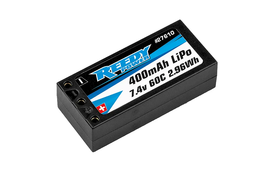 Reedy Power 7.4V 400mAh 60C 2S Hard Case LiPo Battery isolated on a white background.