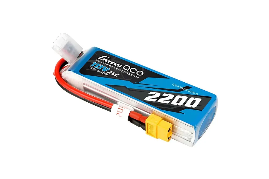 Gens Ace 11.1V 2200mAh 25C soft case LiPo battery with balance plug and XT60 connector against a white background.