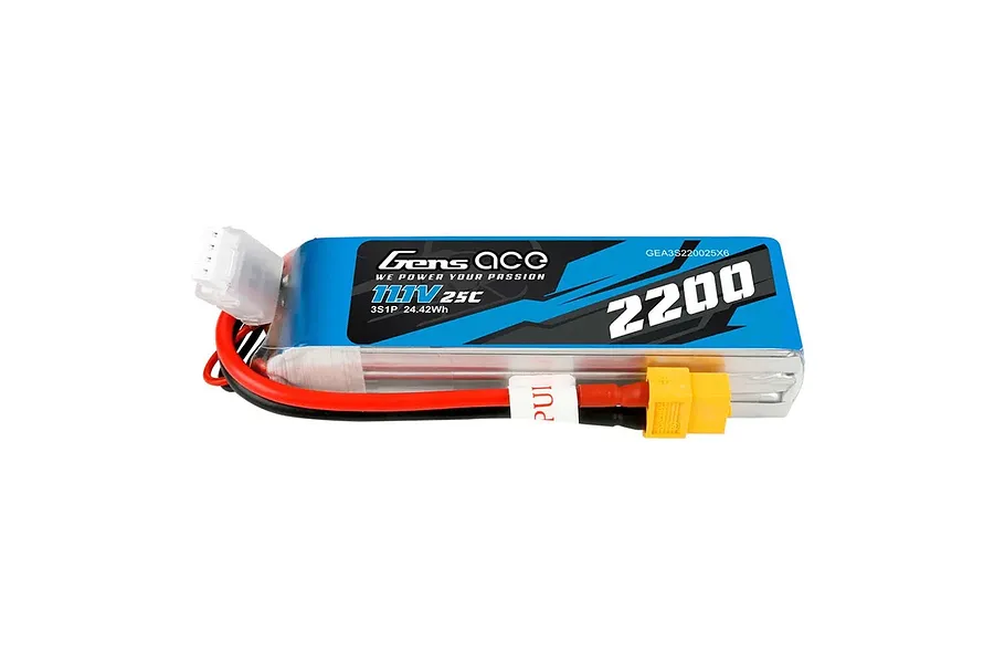 Gens Ace 11.1V 2200mAh 25C soft case LiPo battery with visible wires, white balance plug, and yellow connector.