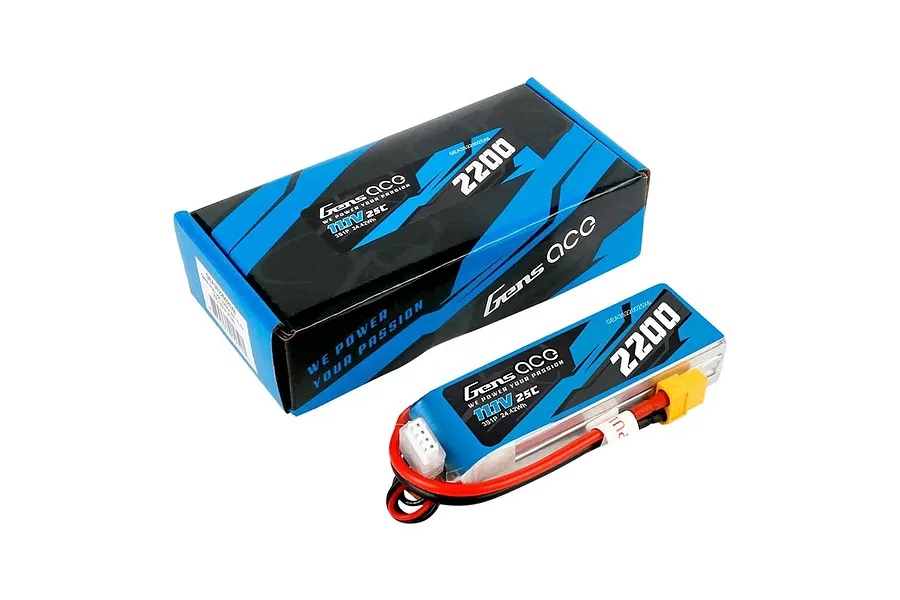 Gens Ace 11.1V 2200mAh 25C soft case LiPo battery displayed in front of its matching black and blue product packaging box on a white background.