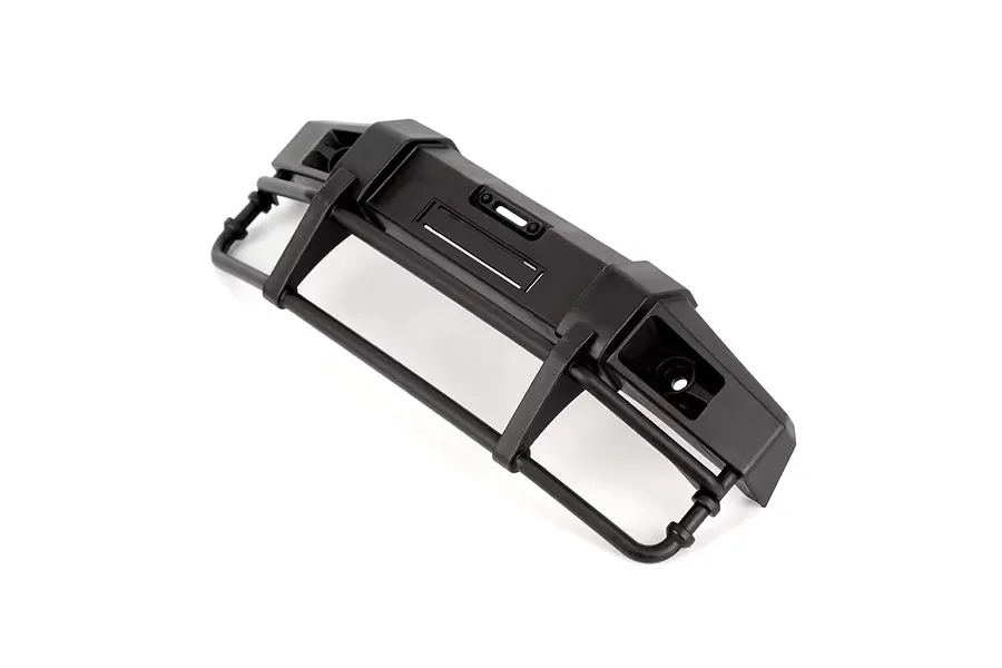 Black plastic RC rear bumper and spare tyre mount set shown from an angle on a plain white background.