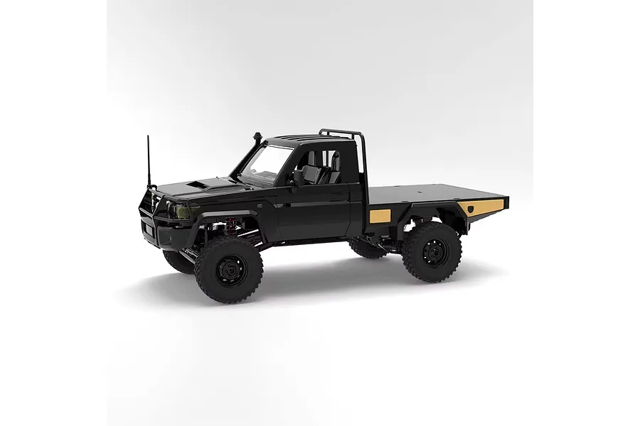 Studio shot of MN Model Toyota LC79 RC rock crawler electric 4WD in black, viewed from the front three-quarters against a white background.