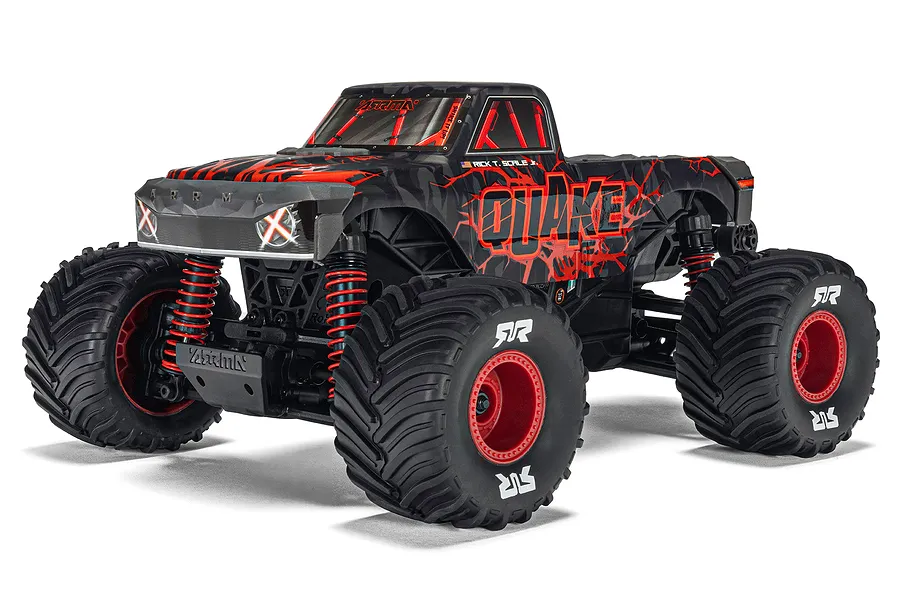 ARRMA Quake Grom 1/16 scale 4WD electric RC monster truck in red and black, studio shot on white background.