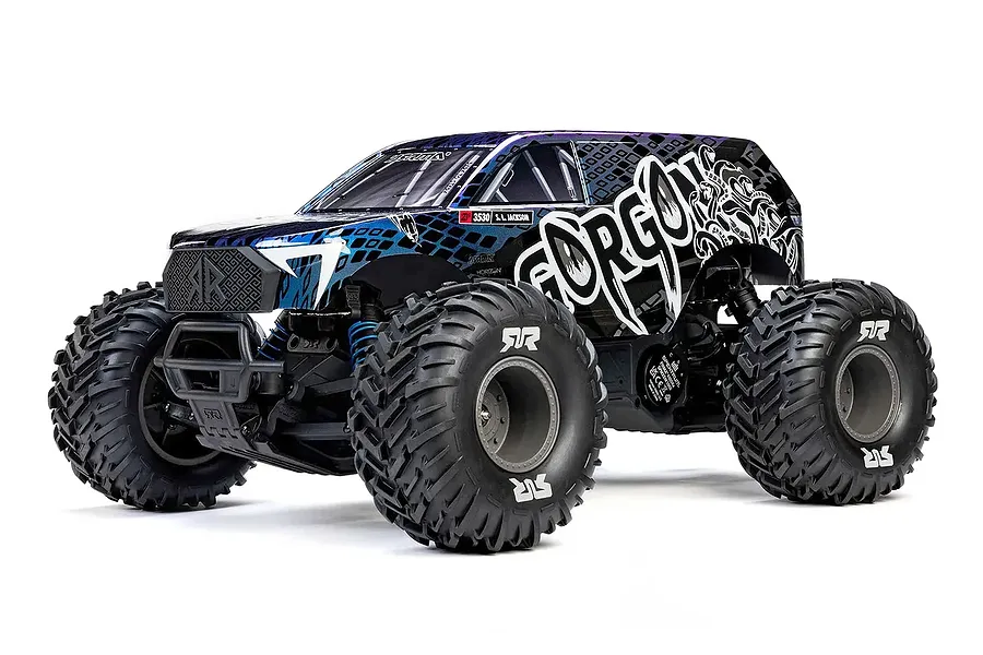 ARRMA Gorgon 1/10 scale 2WD electric RC monster truck in blue and black finish with large treaded tires against a white background.