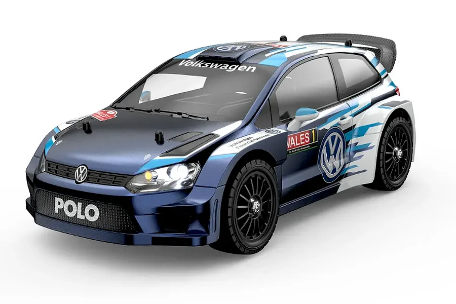 Studio shot of the MJX RC Hyper Go Volkswagen Polo R WRC RC Rally Car in blue and white livery with black wheels.
