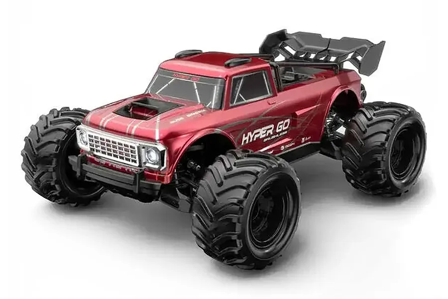 Red MJX HyperGo RC monster truck shown from a front-three-quarters perspective on a clean white background.