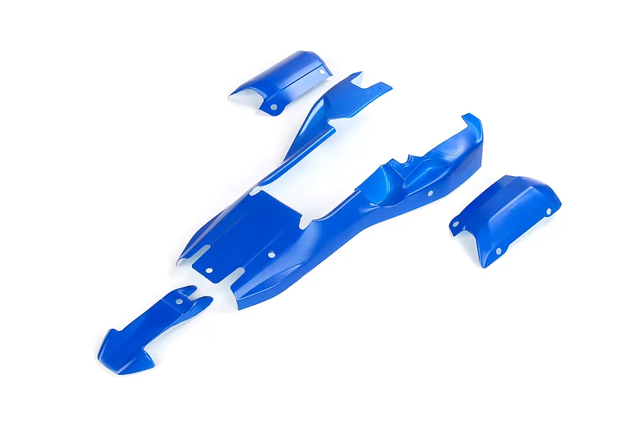 Blue painted body shell panels for Rovan 1/5 scale E-Baja 5B buggy laid out against a white background.
