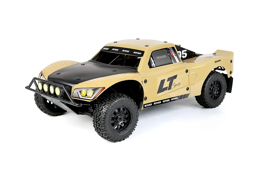 Rovan 1/5 LT painted body shell in Dakar desert tan and black mounted on a short course RC truck against a white background.