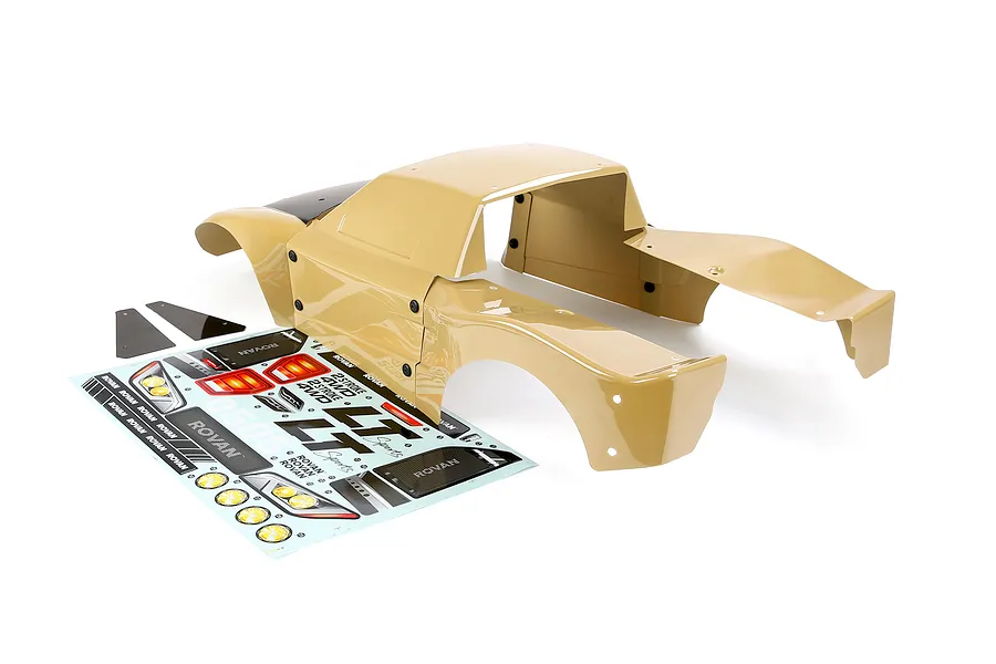 Rovan 1/5 scale painted beige short course body shell with an accompanying decal sheet on a white background.