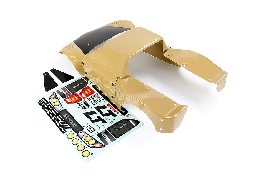 Tan painted body shell for Rovan 1/5 LT short course truck with decal sheet and black plastic flaps on a white background.
