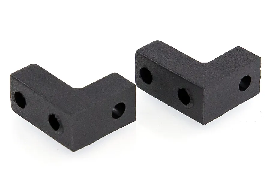 Two black L-shaped plastic servo mounts for RC cars, shown from an elevated angle against a white background.
