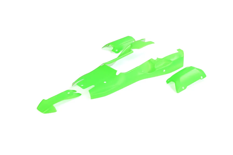 A bright green painted body shell set for a 1/5 scale RC buggy displayed against a plain white background.