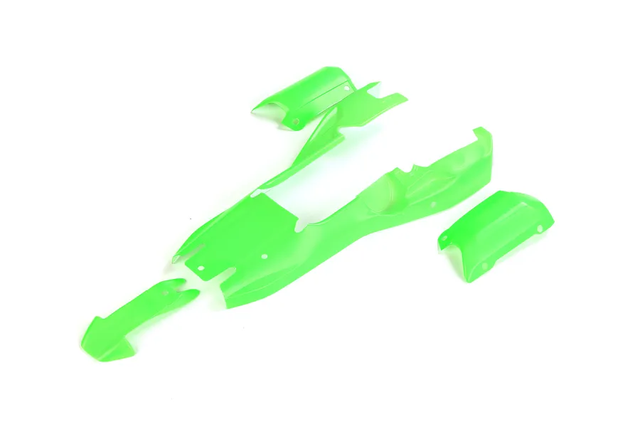 Rovan 1/5 E-Baja 5B painted green body shell panels laid out on a white background
