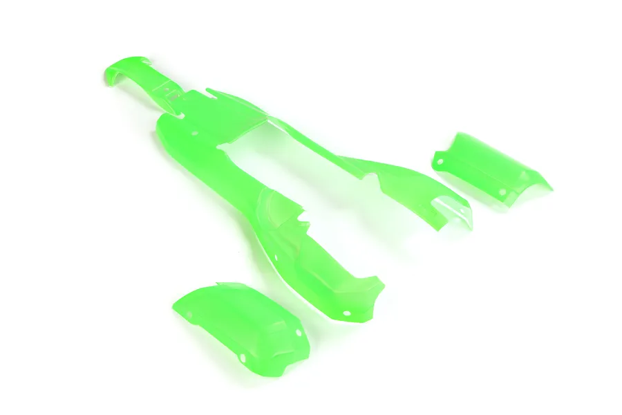 Bright green painted body shell pieces for an RC buggy displayed against a plain white background.