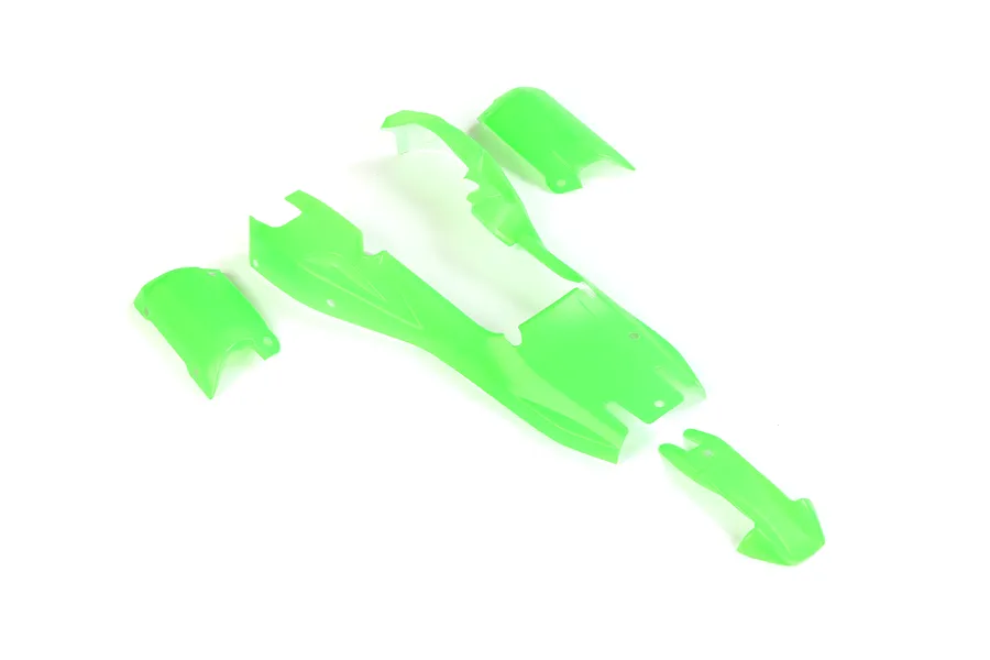 Green painted plastic body shell panels for a 1/5 scale RC buggy displayed on a white background.