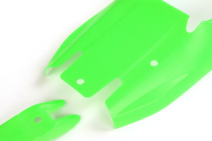 Bright green painted body shell panels for a 1/5 scale RC buggy shown on a white background.