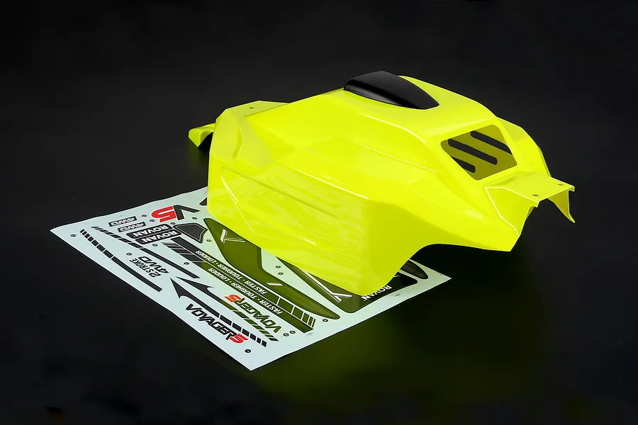 Rovan 1/5 V5 Buggy painted yellow body shell with included sticker sheet on dark background.