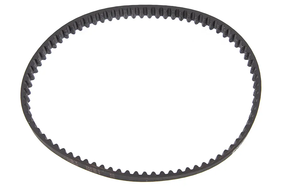 A black toothed rubber drive belt for an RC starter box, shown in a studio setting against a white background.