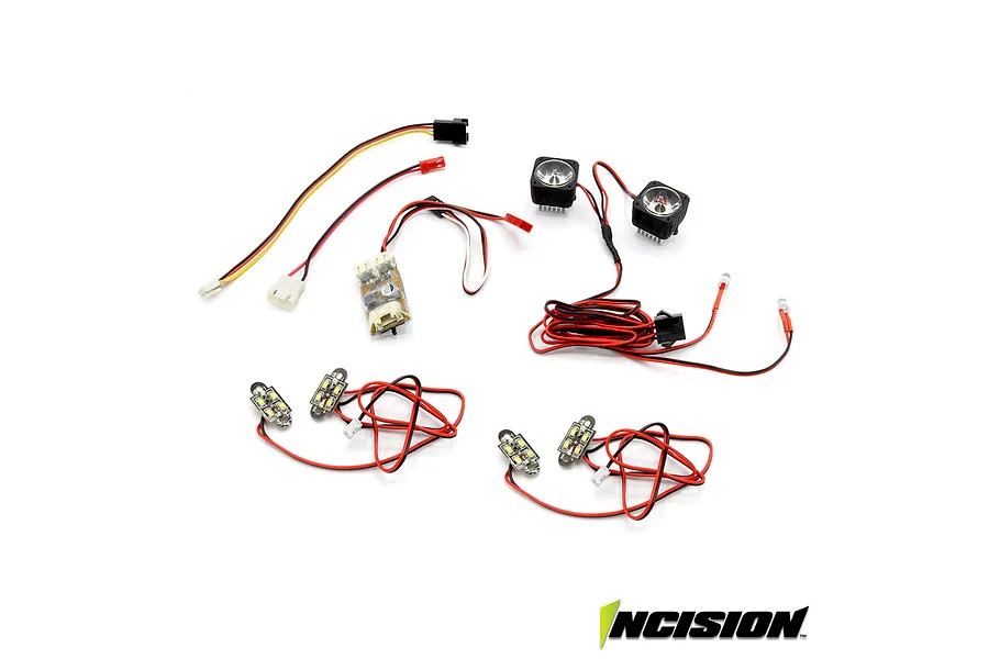 Vanquish Incision Series 3 LED light kit components including control board, wiring harnesses, and LED light pods on a white background.