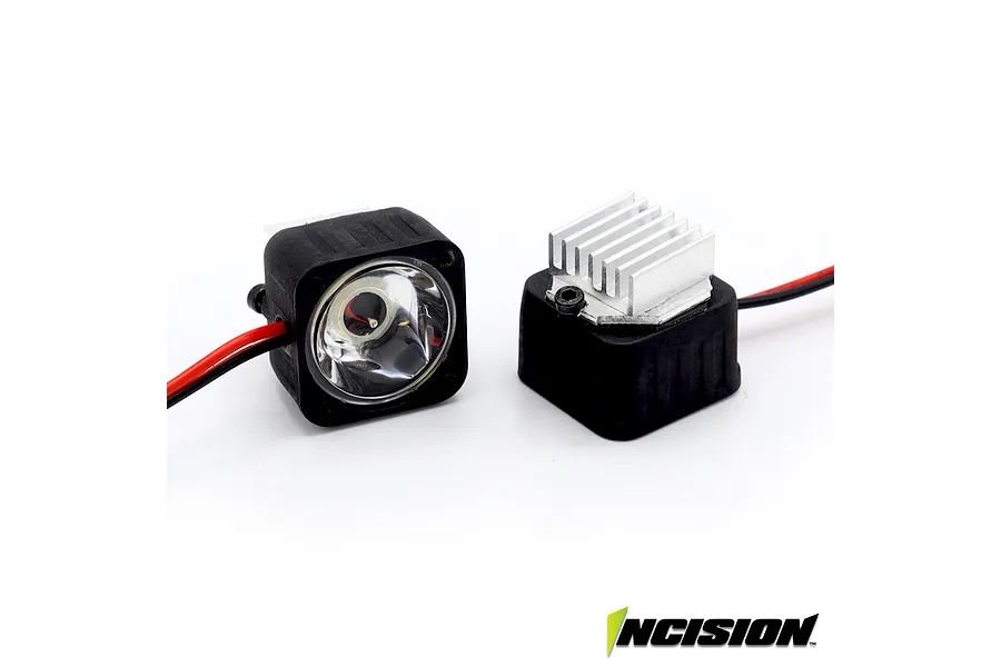 Vanquish Incision Series 3 LED light kit showing two square LED pods with black housings, silver heatsinks, and attached wires against a white background.