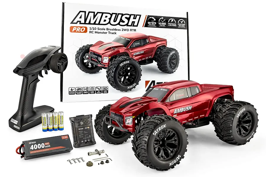 Atrek Ambush Pro 1/10 scale 2WD brushless electric RC monster truck with red body, transmitter, battery, charger, and retail box.