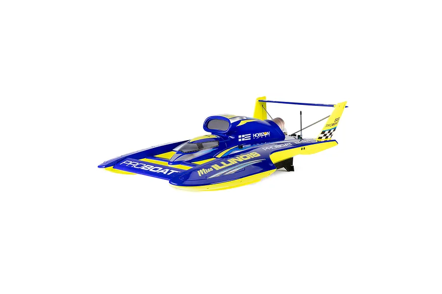 Pro Boat Miss Illinois U-34 RC hydroplane boat in blue and yellow livery viewed from the front right against a plain white background.