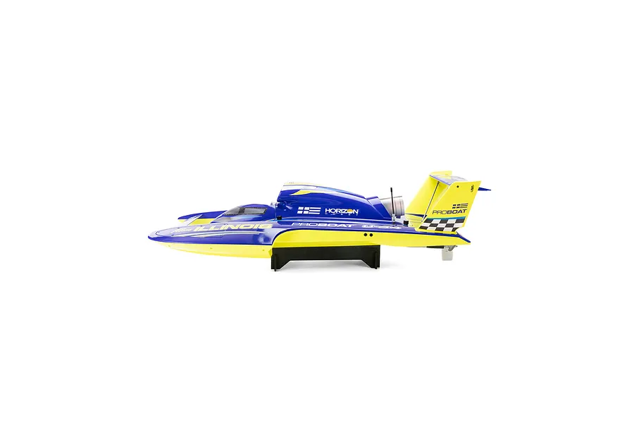 Studio side profile shot of the Pro Boat Miss Illinois U-34 RC boat in blue and yellow livery on a black stand against a white background.
