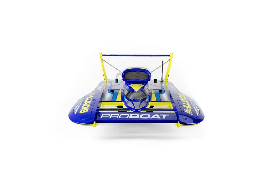 Front view of the Pro Boat Miss Illinois U-34 RC hydroplane boat featuring blue, yellow, and silver livery against a clean white background.