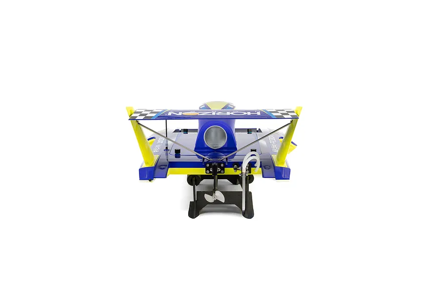 Rear view of the Pro Boat Miss Illinois U-34 RC boat showing the propeller, rudder, and rear wing on a white background.