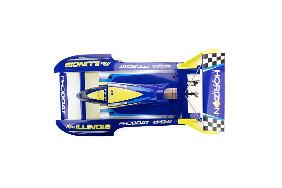 Top down studio view of the Pro Boat Miss Illinois U-34 RC boat featuring blue, yellow, and white livery with a large rear wing.
