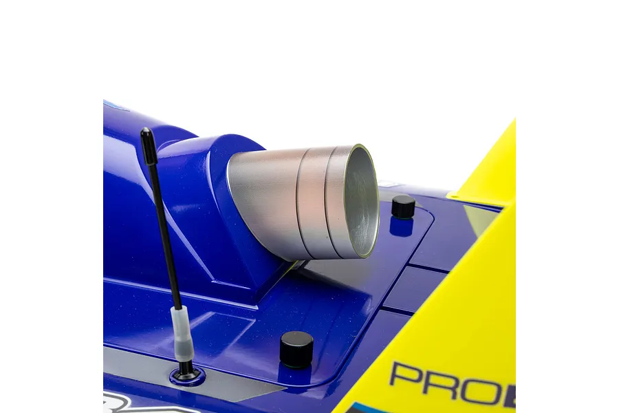 Close-up view of the exhaust detail, antenna, and yellow wing section on the Pro Boat Miss Illinois U-34 RC boat hull.