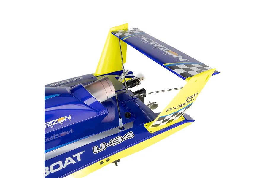 Close-up rear angle view of the Pro Boat Miss Illinois U-34 RC boat highlighting the large rear wing and hull details.