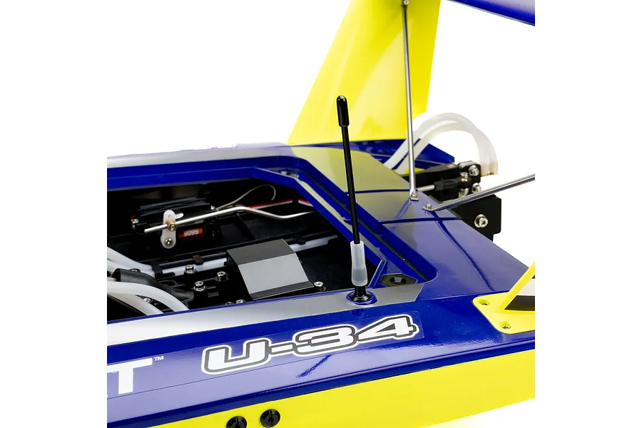 Close-up studio shot of the rear deck, antenna, and open hull interior of the Pro Boat Miss Illinois U-34 RC boat.