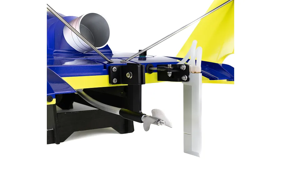 Close up view of the transom, rudder, propeller, and drive strut hardware on the Pro Boat Miss Illinois U-34 RC boat.