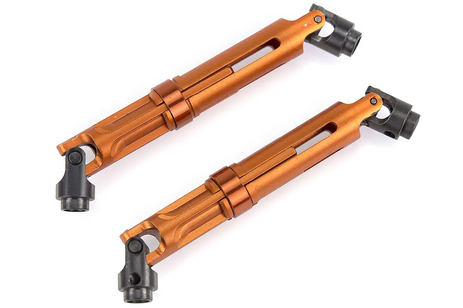 Two orange anodized aluminium RC drive shaft assemblies with black metal universal joints at each end, shown against a white background.